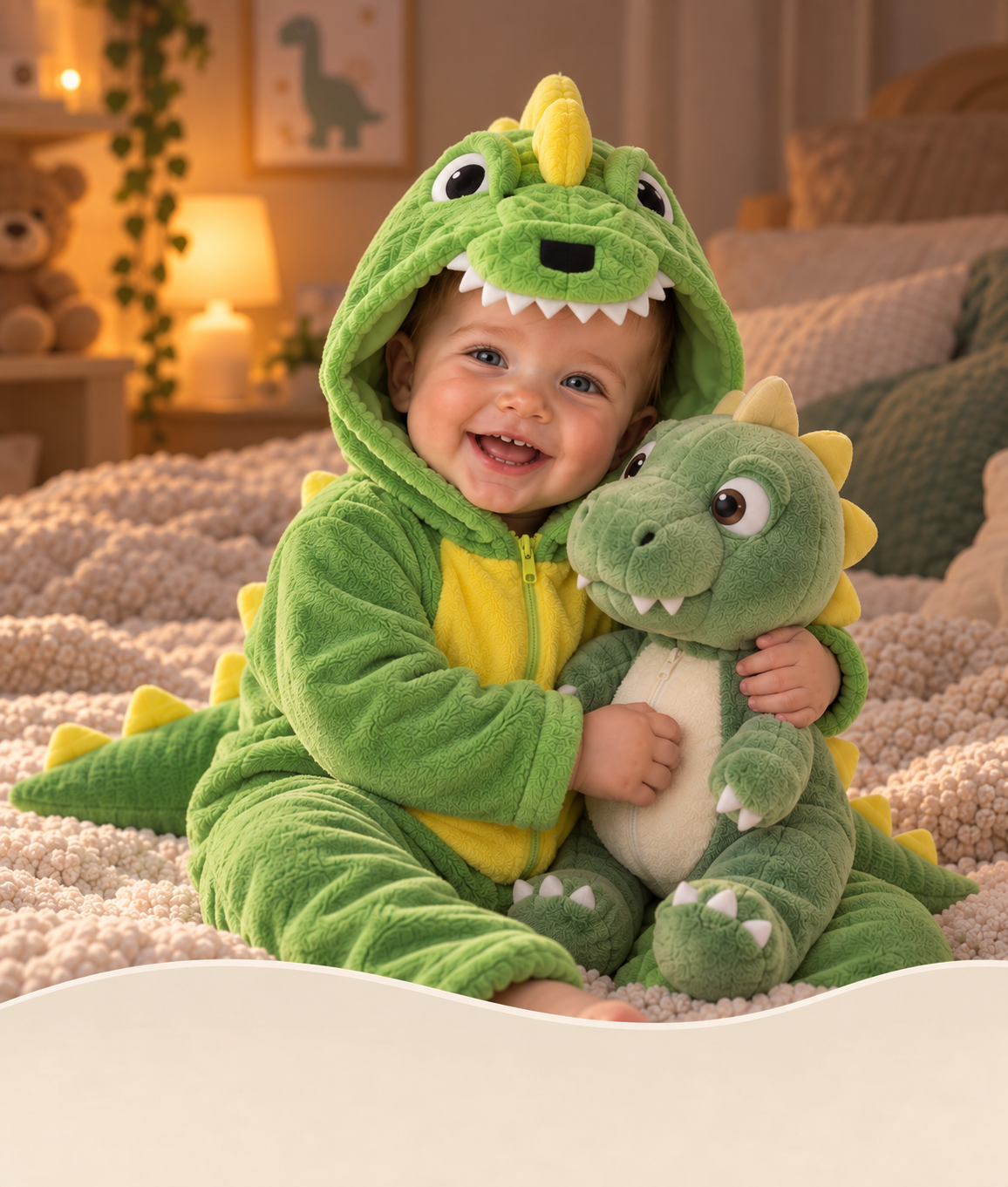 Happy baby wearing Dinouz dinosaur pajamas